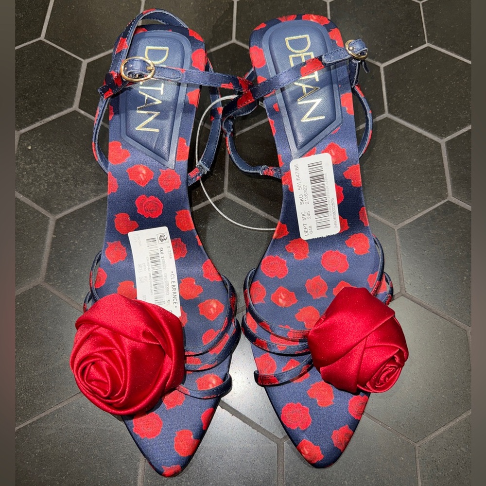 DELTAN Navy and Red Rose-Print Satin Heels with Red Rosette